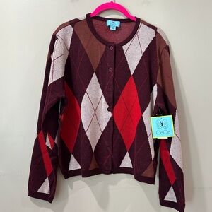 NWT CeCe Argyle Knit Cardigan Sweater Button Red Wine Diamond Pattern Women M